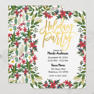 Invitation Fête de Noël Script Doré Floral Rustique