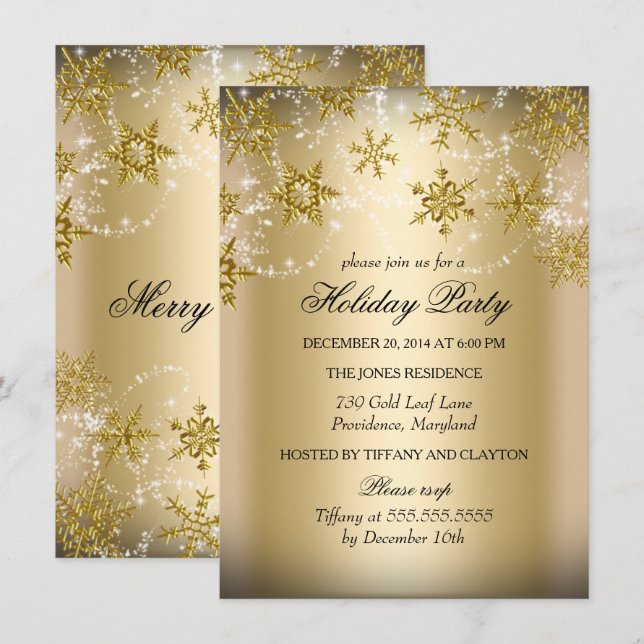 Invitation Fête de Noël Shimmer Snowflake Or (Devant / Derrière)