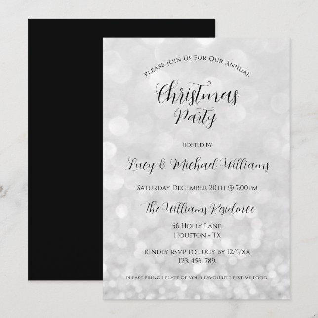 Invitation Fête de Noël Silver Bokeh (Devant / Derrière)