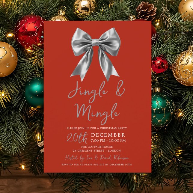 Invitation Fête de Noël Silver Jingle Mingle avec un nœud rou (Silver Jingle Mingle Christmas Party Bow Red Invitation)
