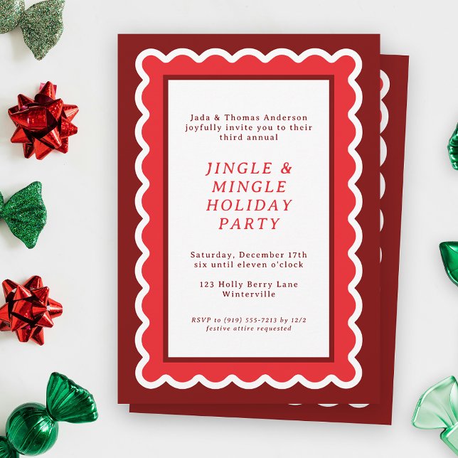 Invitation Fête de Noël simple à bascule rouge et blanc prepp (A scalloped holiday party invitation feels festive, bold and bright in shades of Christmas red)
