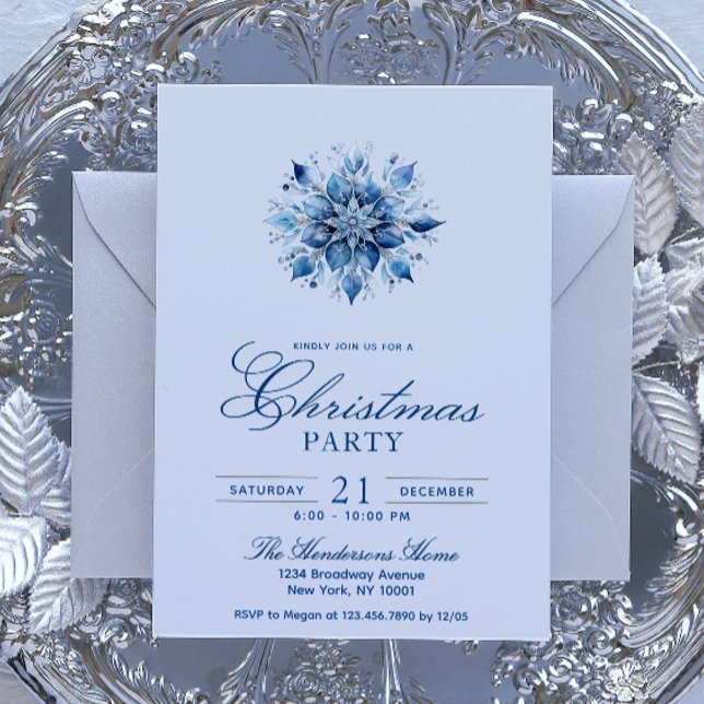 Invitation Fête de Noël Simple et Élégante Blue Snowflake (Créateur téléchargé)