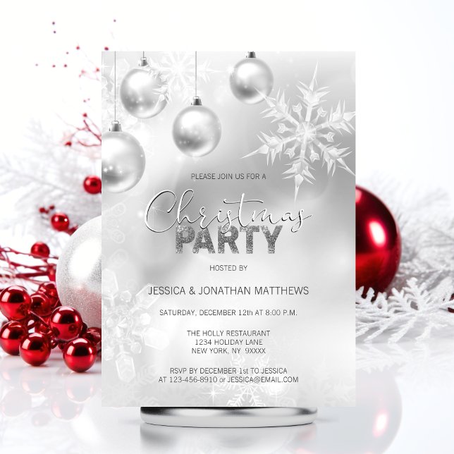 Invitation FÊTE DE NOËL Snowflakes hiver neige Silver (CHRISTMAS PARTY Winter Snow Snowflakes Silver Invitation)