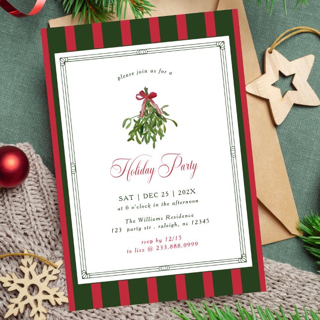 Invitation Fête de Noël sous le Gui Ruban Rouge Rayures Noël (Créateur téléchargé)