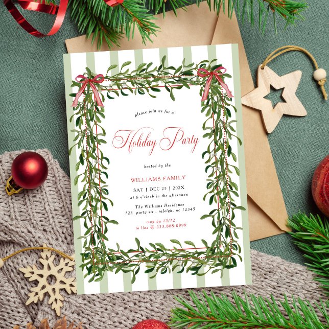 Invitation Fête de Noël sous le gui Ruban rouge Rayures Noël (Créateur téléchargé)
