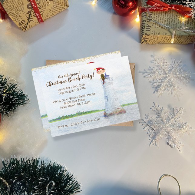 Invitation Fête de Noël sur la plage aquarelle phare (Créateur téléchargé)