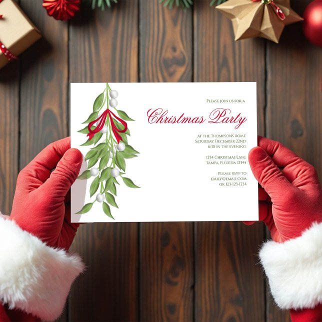 Invitation Fête de Noël sur mesure avec feuillage de gui  (Christmas Party Mistletoe Holiday Invitations.)