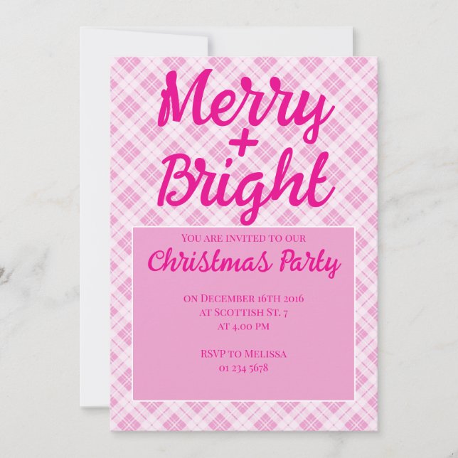 Invitation Fête de Noël tartan rose Merry Bright (Devant)