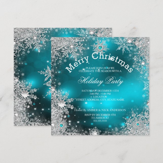 Invitation Fête de Noël Thème Hiver Merveilleux Sarcelle (Devant / Derrière)