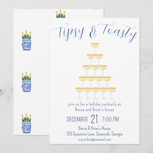 Invitation Fête de Noël Tipsy & Toasty Bubbly Verre (Devant / Derrière)