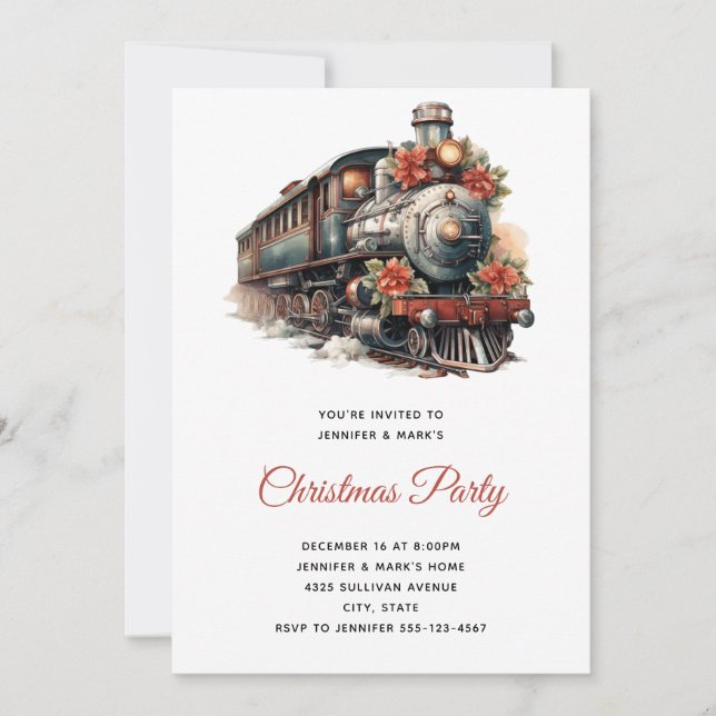 Invitation Fête de Noël traditionnelle au train à vapeur vint (Devant)