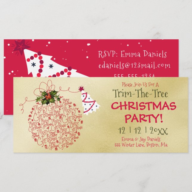 Invitation Fête de Noël Trim-The-Tree, Rouge et Or (Devant / Derrière)