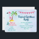 Invitation Fête de Noël tropicale Flamant rose rose<br><div class="desc">Une invitation à la fête de Noël à thème tropical. Avec une jolie illustration d'un flamant rose dans un chapeau de santa rouge. À côté d'un palmier vert sur un monticule de sable jaune. Un design tourbillonnant de Noël à côté du texte : Joyeux Noël. Écrit dans la couleur rose...</div>