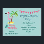 Invitation Fête de Noël tropicale Flamant rose rose<br><div class="desc">Une invitation à la fête de Noël sur le thème des îles tropicales. Avec une jolie illustration d'un flamant rose dans un chapeau de santa rouge. À côté d'un palmier vert sur un monticule de sable jaune. Un design d'arbre de Noël tourbillonnant et soigné se trouve à côté du texte...</div>