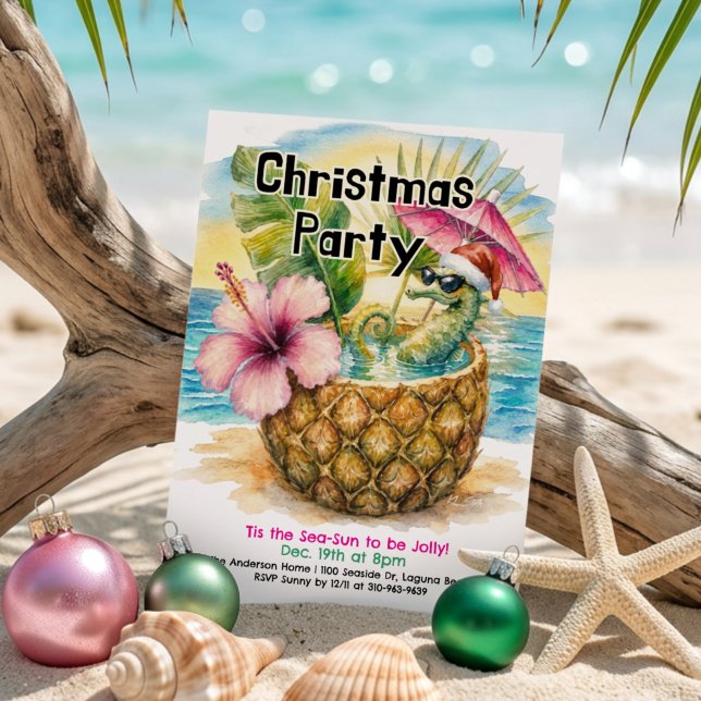 Invitation Fête de Noël Tropicale Joyeux Hippocampe (Créateur téléchargé)