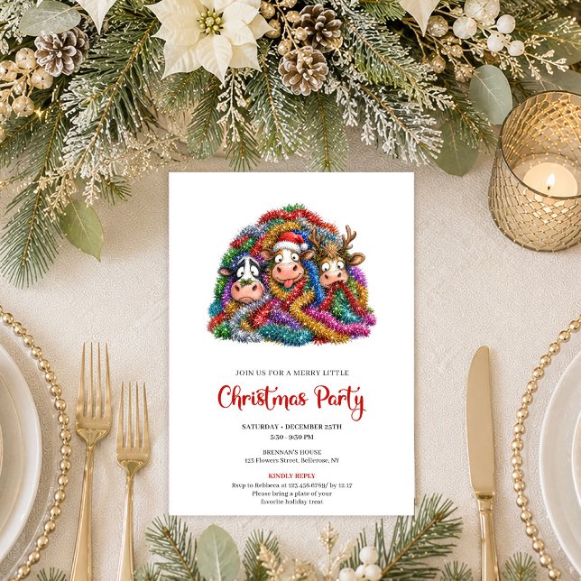 Invitation Fête de Noël unique et fantaisiste avec des vaches (Unique Whimsical Cows Cartoon Christmas Party Invitation

)