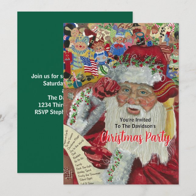 Invitation Fête de Noël verte 20XX : le Père Noël vérifie sa  (Devant / Derrière)