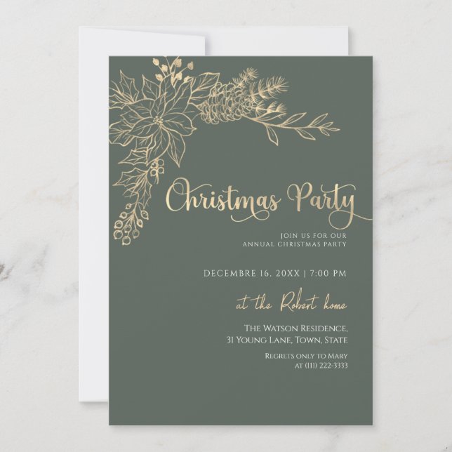 Invitation Fête de Noël verte et or (Devant)