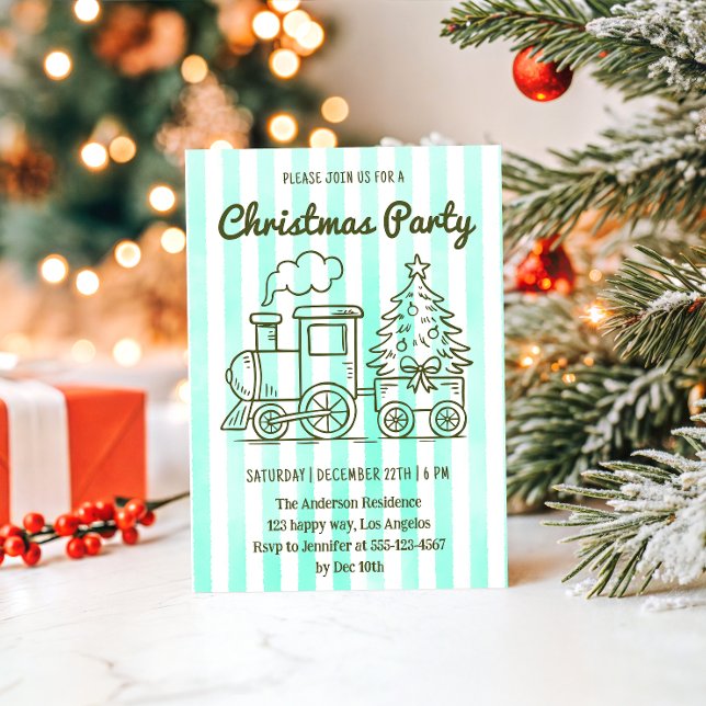 Invitation Fête de Noël verte menthe avec train et arbre      (Créateur téléchargé)