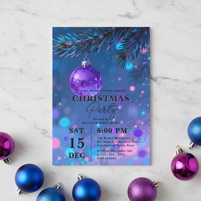 Invitation Fête de Noël Vibrante Bleu Violet Boule Bokeh (Créateur téléchargé)