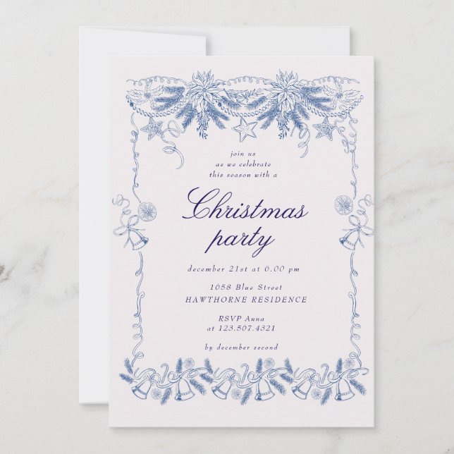 Invitation Fête de Noël Vintage bleu doré (Devant)