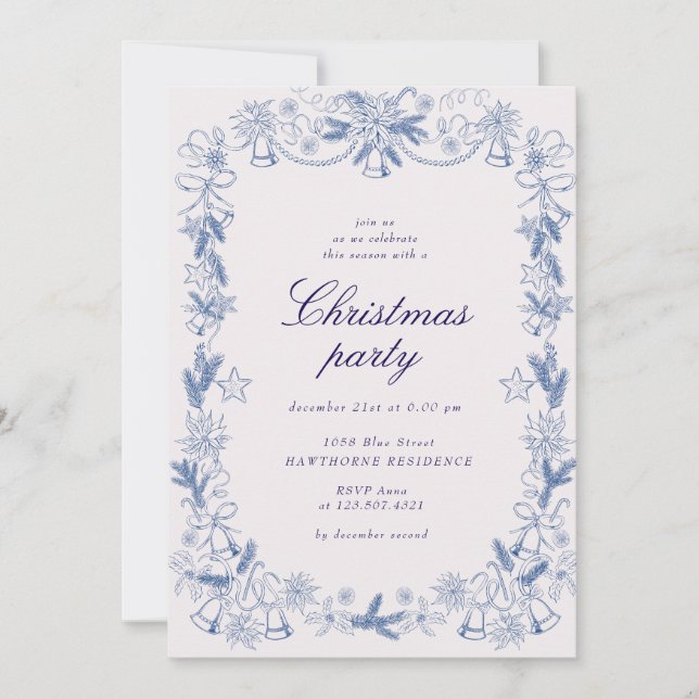 Invitation Fête de Noël Vintage bleu doré (Devant)