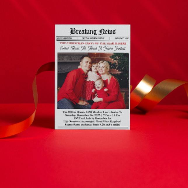 Invitation Fête de Noël Vintage de Journal ( newspaper Christmas Party Invitation secret santa white elephant exchange favorite things party)