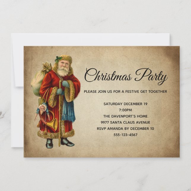Invitation Fête de Noël vintage du Père Noël (Devant)