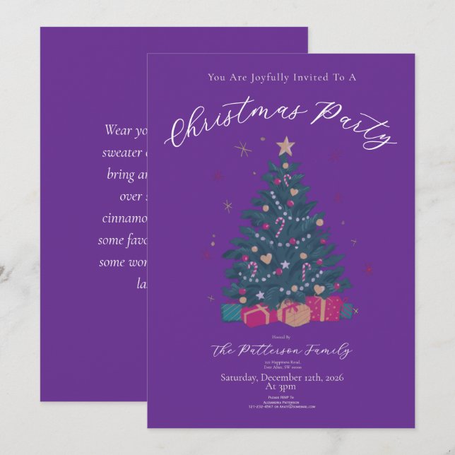 Invitation Fête de Noël Violet Royale Arbre Rustique (Devant / Derrière)
