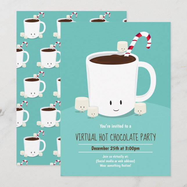 Invitation Fête de Noël virtuelle Chocolat chaud Turquoise (Devant / Derrière)