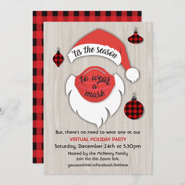 Invitation Fête de Noël virtuelle Père Noël Plaid Party (Devant / Derrière)