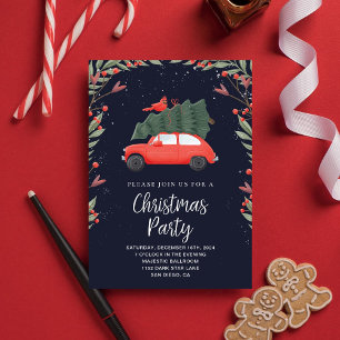 Invitation Fête de Noël Voiture rouge et pin vert neige