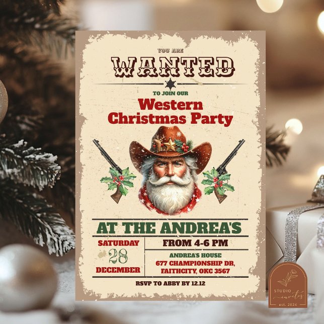 Invitation Fête de Noël Wanted Cowboy Western (Créateur téléchargé)