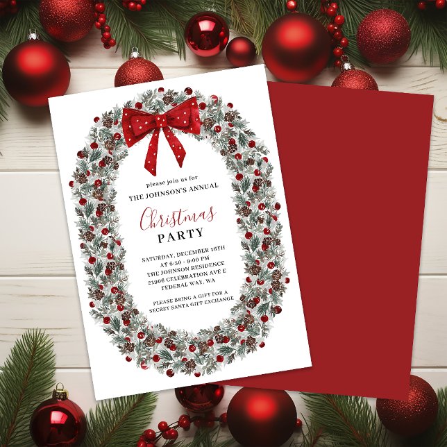 Invitation Fête de Noël Watercolor Wreath (Christmas Party Watercolor Wreath Invitation)