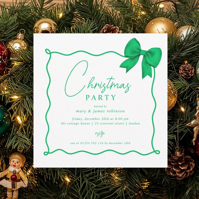 Invitation Fête de Noël Whimsical Green Bow (Christmas Holiday Party Whimsical Green Bow Invitation)