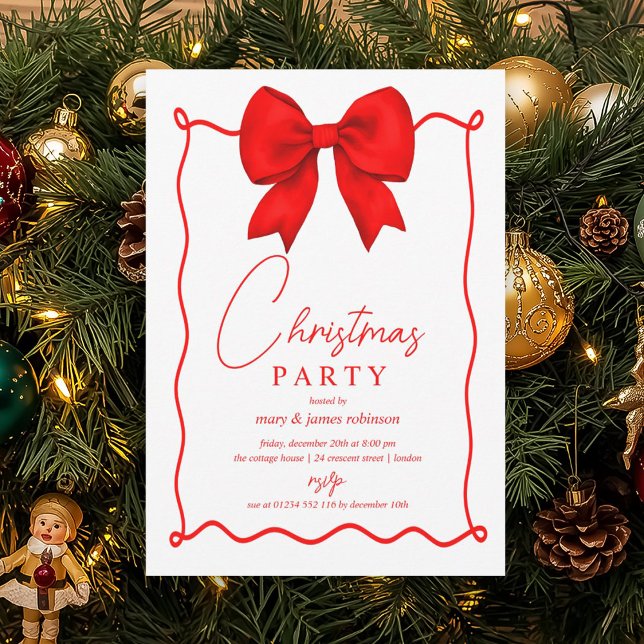 Invitation Fête de Noël Whimsical Red Bow (Whimsical Red Bow Christmas Holiday Party Invitation)