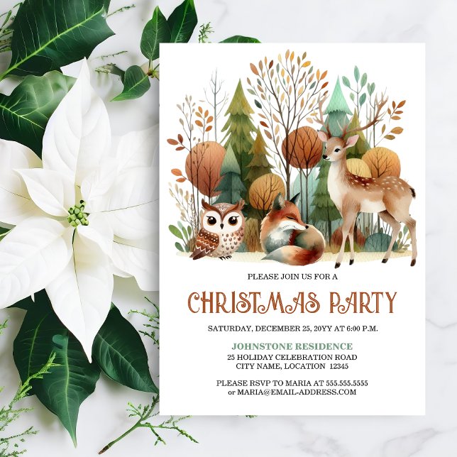 Invitation Fête de Noël Whimsland (Whimsical Woodland Christmas Party invitation front view.)