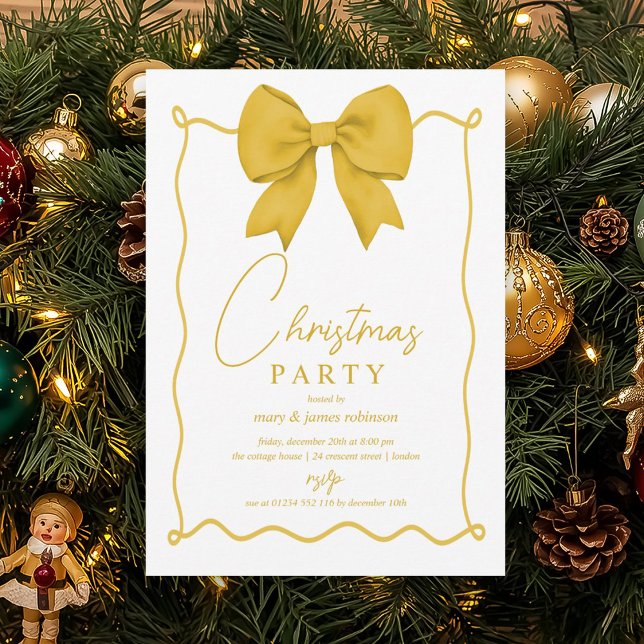 Invitation Fête de Noël Whimssical Gold Bow (Whimsical Gold Bow Christmas Holiday Party Invitation)