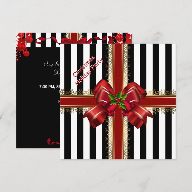 Invitation Fête de Noël Xmas rayure rouge et blanc (Devant / Derrière)