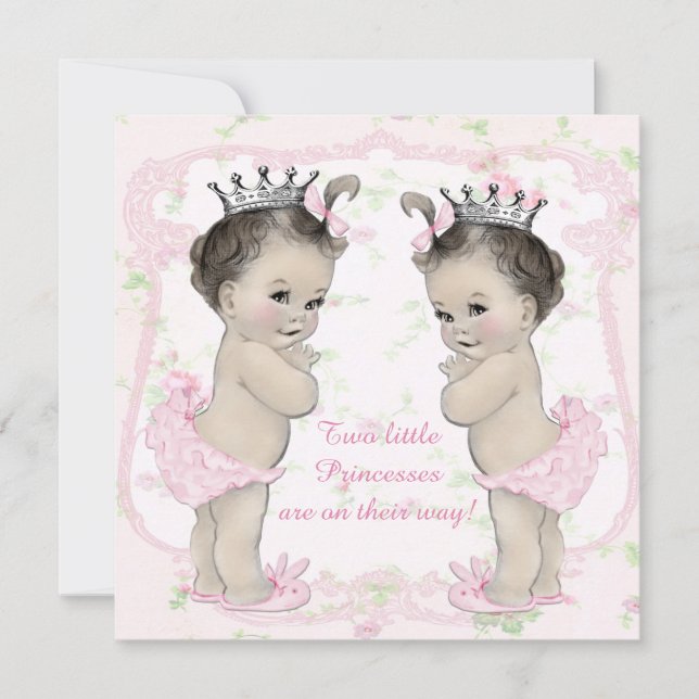 Invitation Fête de Nourrisson Jumelles Adorables Princesse Ro (Devant)