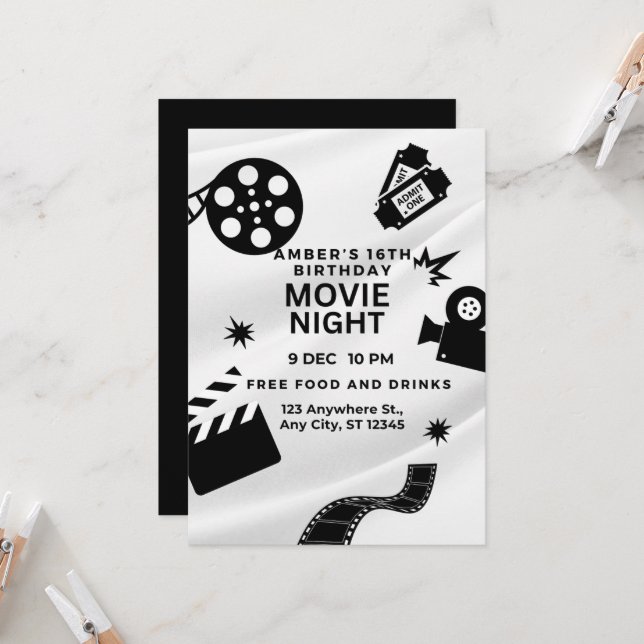 Invitation "Fête de nuit ciné pour les 16 ans sucrés (Devant/Arrière en situation)