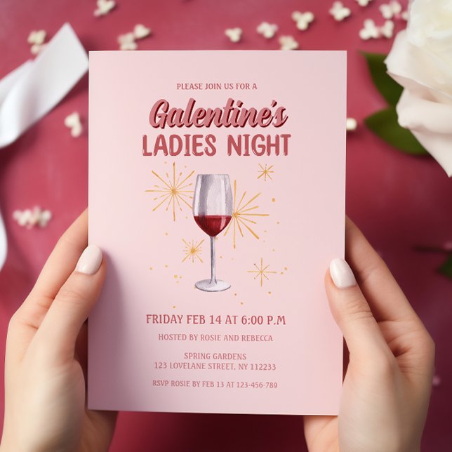 Invitation Fête de nuit des femmes de Galentine's Wine Glass (wine glass galentines ladies night party invitation )