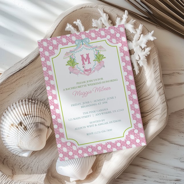 Invitation Fête de Palm Beach au style Prépa avec blason mono (Créateur téléchargé)