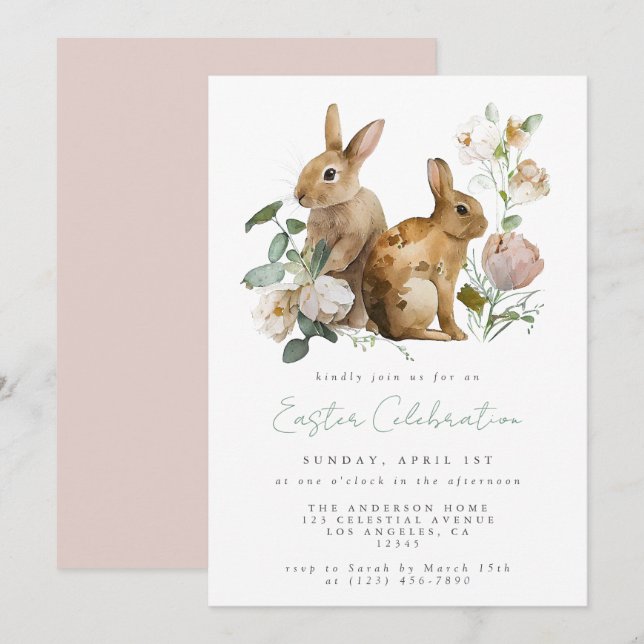 Invitation Fête de Pâques florale élégante à l'aquarelle (Devant / Derrière)