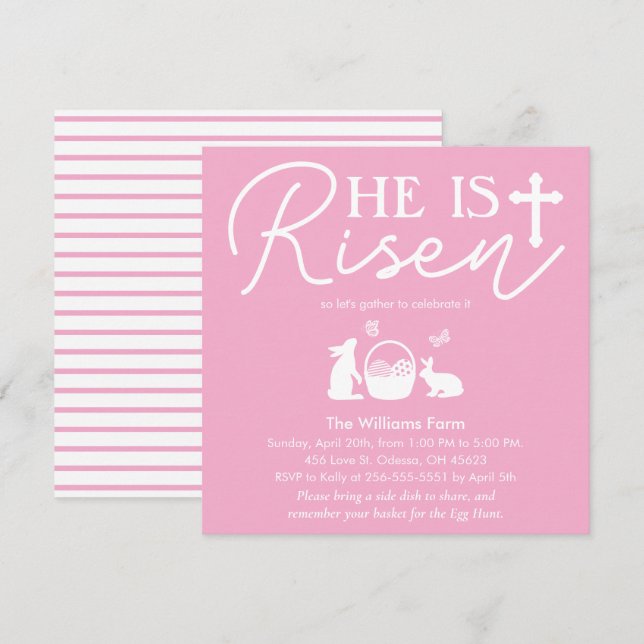 Invitation Fête de Pâques rose “Il est ressuscité” (Devant / Derrière)