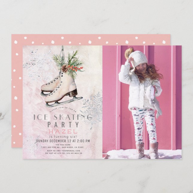 Invitation Fête de patinage sur glace Flocon de neige rose An (Devant / Derrière)