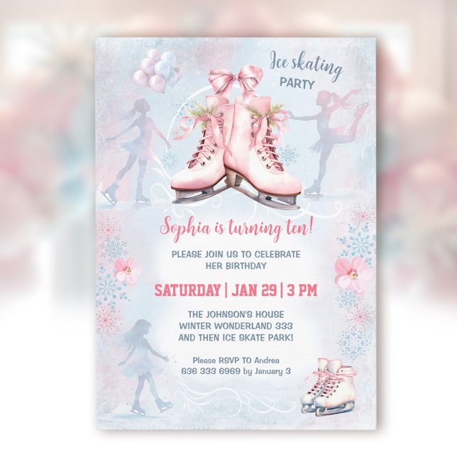 Invitation Fête de patinage sur glace Hiver Rose Blue Girl An (Ice Skating Party Winter Pink Blue Girl Birthday Invitation)