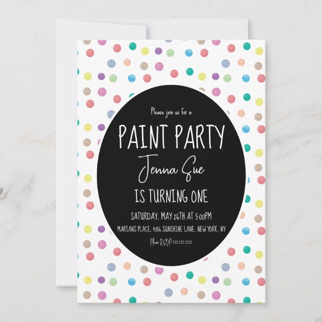 Invitation Fête de peinture à l'aquarelle points Première fêt (Devant)