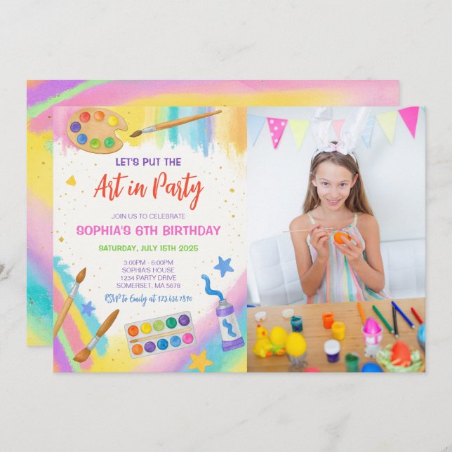 Invitation Fête de peinture Art Editable Fête Anniversaire Ph (Devant / Derrière)