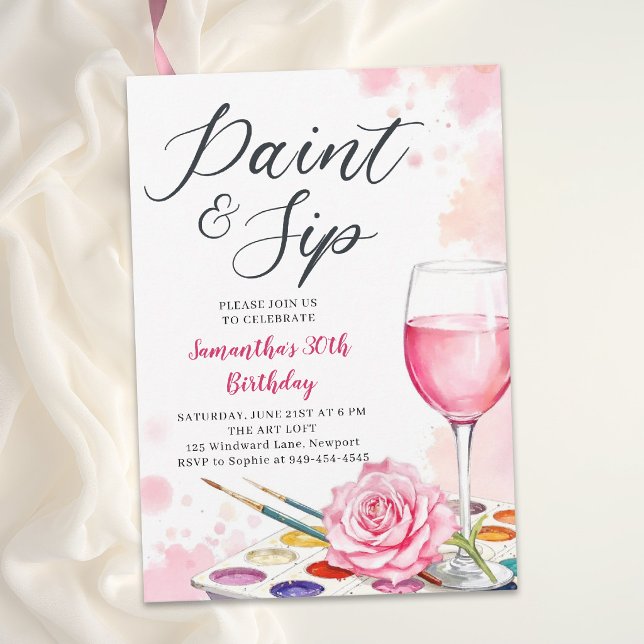 Invitation Fête de peinture et de dégustation de vin Annivers (30th birthday party invitation for women paint and sip wine watercolor pink rose elegant template)
